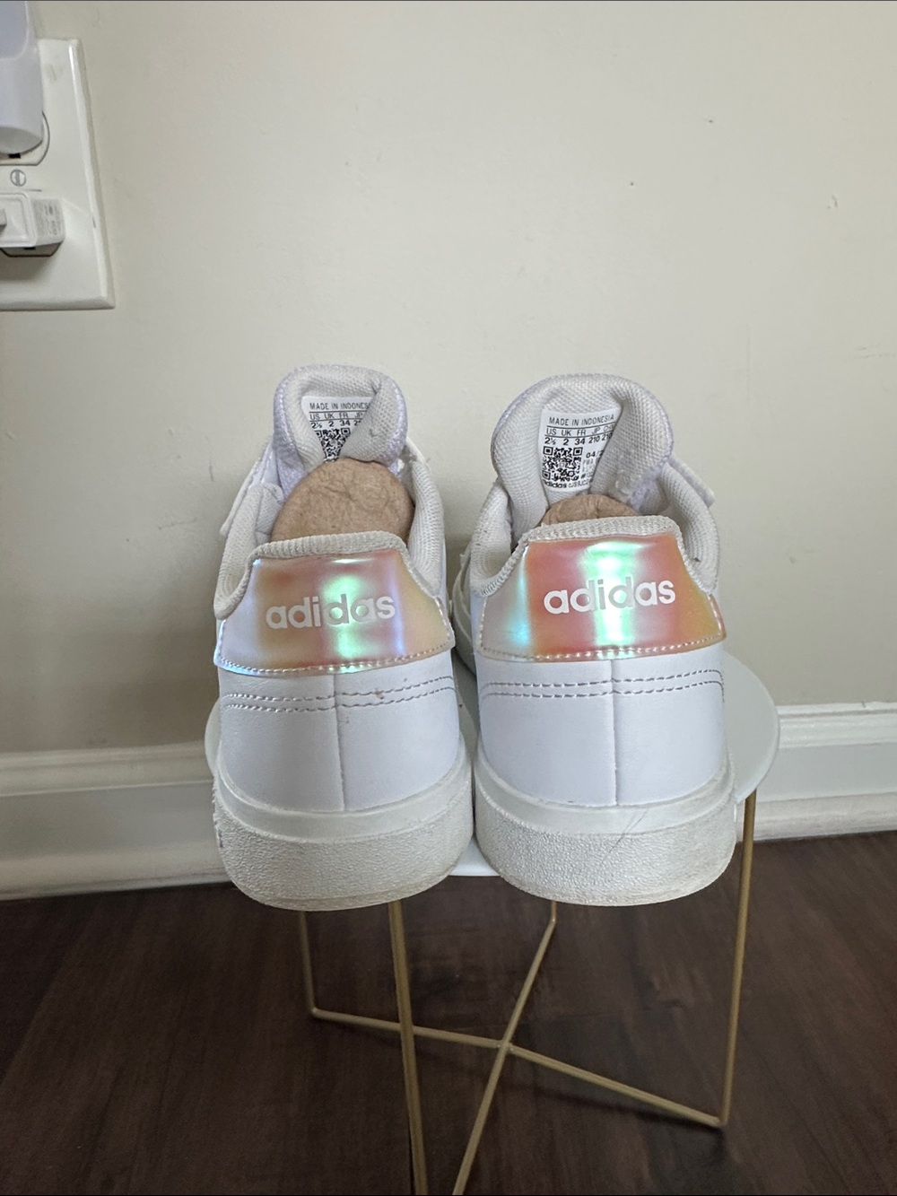 adidas Kids White Sneakers with Iridescent Pink-Orange Stripes - Picture 2 of 7
